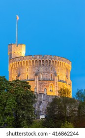 The Round Tower At Windsor Castle, Lit At Night, Photographed At The Blue Hour.  Windsor, Berkshire, England, UK