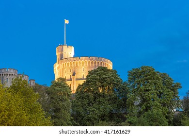 The Round Tower At Windsor Castle, Lit At Night, Photographed At The Blue Hour. Windsor, Berkshire, England, UK