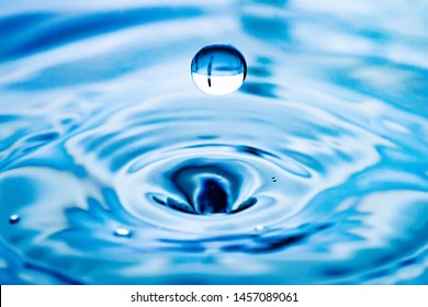 The round transparent drop of water, falls downwards. Selective focus. - Shutterstock ID 1457089061