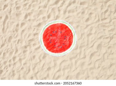 Round Watermelon Beach Towel On Sand, Aerial View