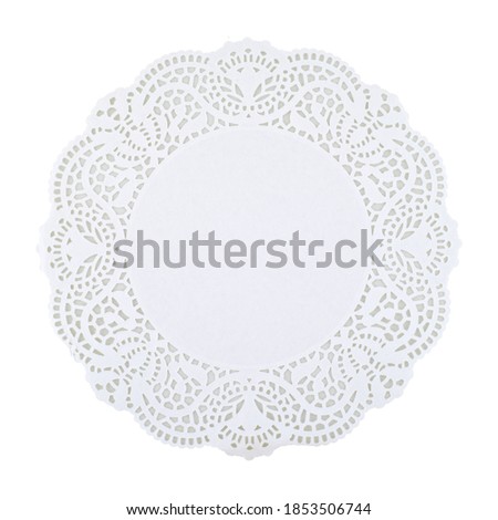 Round white doily isolated on white background, copy space. Clipping path