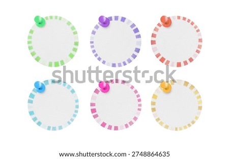 Round white labels with dashed borders pinned with colorful thumbtacks for bulletin board concept