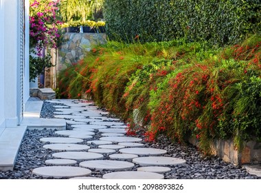 Round white marble walkway with black gravel in the garden of a house with tropical vegetation. Landscaping concept.