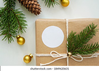 Round White Sticker Mockup For Christmas Gift, Empty Circle Adhesive Name Or Greeting Label On Gift Box.	  
