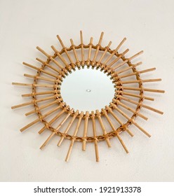 Round Wood Mirror With One Spot Middle On White Background