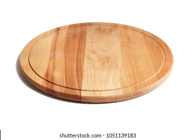 Round wooden beech cutting board isolated on white background