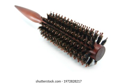 Round Wooden Hair Brush On The White Background. Closeup