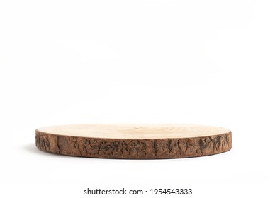 Round wooden saw cut cylinder shape for product presentation on a white background. eco style and minimalism. Wooden slice