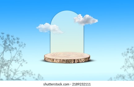 Round Wooden Saw Cut Podium For Product Presentation On Pastel Blue Background With Clouds. Round Wooden Slice For Product Display