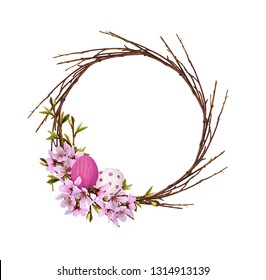 Round wreath from dry twigs with spring branches of peach flowers and leaves and Easter painted eggs isolated on white background