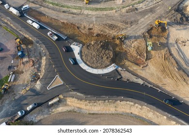 Roundabout under construction Top down aerial view of a traffic roundabout. Aerial view. Solving the problem of jams. Road construction