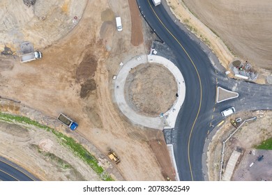 Roundabout under construction Top down aerial view of a traffic roundabout. Aerial view. Solving the problem of jams. Road construction