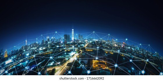 Rounded abstract cityscape network connection, internet and global connection concept. - Shutterstock ID 1716662092