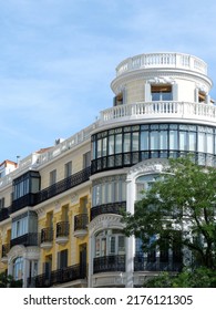 Rounded Corner Of Elegant Classical Building In Fuencarral District Downtown Madrid, Spain. Vertical Photo.