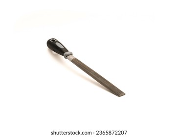 Rounded side of half-round file made of heat-treated high carbon steel, textured rubberized PVC handle grip, bastard double cut pattern isolated white background. Woodworking metalworking hand tool - Powered by Shutterstock