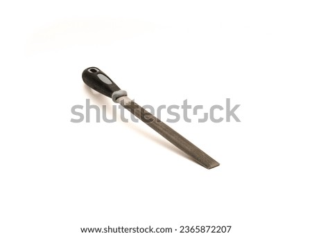 Rounded side of half-round file made of heat-treated high carbon steel, textured rubberized PVC handle grip, bastard double cut pattern isolated white background. Woodworking metalworking hand tool