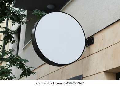 Rounded Street storefront shop, cafe, restaurant mounted signboard mock up design template. Blank white store sign design mockup.