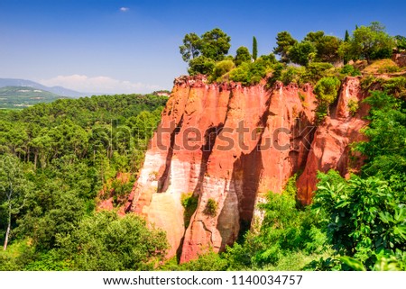 Roussillon, red rocks of Colorado colorful ochre canyon in Provence, landscape of France.