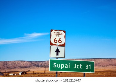 Route 66. U.S. America's Main Street. First Highway In US Numbered System Historic Motorway 66.  Great Car Trip Across America. The Concept Of Automobile, Active And Photo Tourism