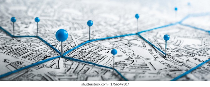 Routes With Blue Pins On A City Map. Concept On The  Adventure, Discovery, Navigation, Communication, Logistics, Geography, Transport And Travel Topics.