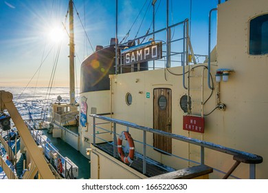 ROVANIEMI, FINLAND - FEB 25, 2020: Ice Breaker Boat Sailing In Lapland Country In Northern Finland