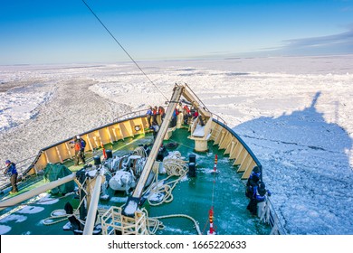 ROVANIEMI, FINLAND - FEB 25, 2020: Ice Breaker Boat Sailing In Lapland Country In Northern Finland