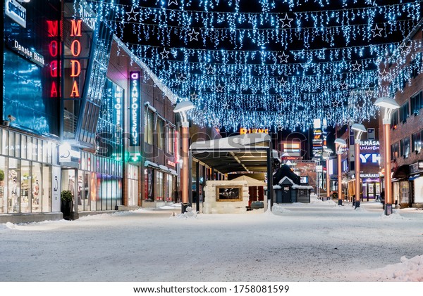 Rovaniemi, Finland - March 18 2020: Empty street at Rovaniemi city center. No tourists, no people.