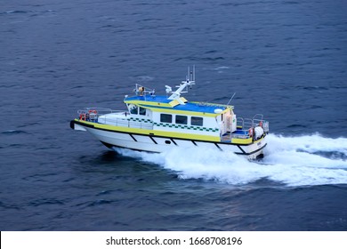 ROVDEFJORDEN, NORWAY - 2016 DECEMBER 05. Ambulance Boat In High Speed Ahead In The Fjord Of Norway.