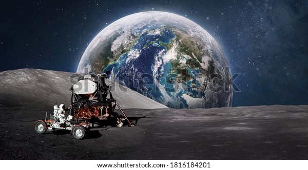 Rover with astronaut on surface of the\
Moon. Big Earth planet on abckground. Lunar landing. Apollo\
mission. Elements of this image furnished by\
NASA
