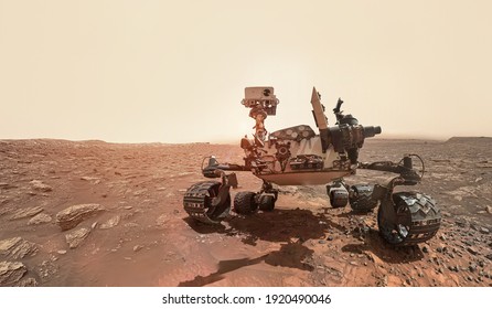 Rover on Mars surface. Exploration of red planet. Space station expedition. Perseverance. Expedition of Curiosity. Elements of this image furnished by NASA - Shutterstock ID 1920490046