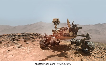 Rover on Mars surface. Exploration of red planet. Space station expedition. Perseverance. Expedition of Curiosity. Elements of this image furnished by NASA - Shutterstock ID 1922352092