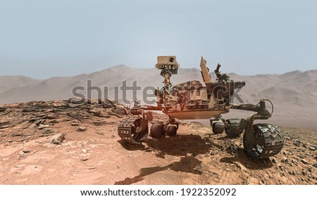 Rover on Mars surface. Exploration of red planet. Space station expedition. Perseverance. Expedition of Curiosity. Elements of this image furnished by NASA