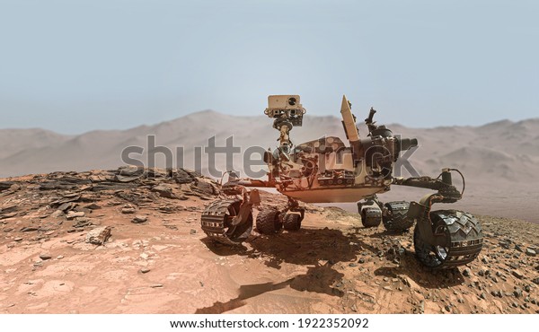Rover on Mars surface.\
Exploration of red planet. Space station expedition. Perseverance.\
Expedition of Curiosity. Elements of this image furnished by\
NASA
