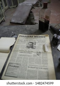 Rovigo, Italy - August 15, 2019. Multisensory Exhibition On Psychiatric Hospitals Hosted In The Former Psychiatric Hospital Of The Town. Infirmary, Detail. Old Italian Medical Journal.