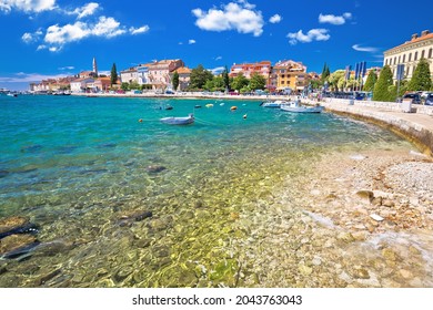 Rovinj. Beautiful historic town of Rovinj beach and waterfront view, Istria region of Croatia