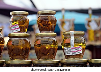 Rovinj / Croatia - August 1 2019: Typical Souvenirs At The Open Market, Jars With Truffles In Oil