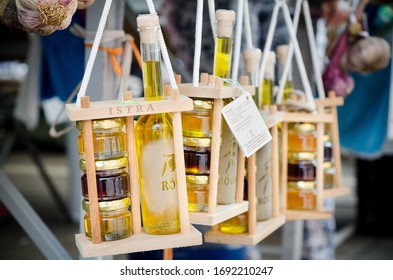 Rovinj, Istria, Croatia - June 3, 2015: Olive Oil And Honey - Typical And Traditional Local Food Products Of Istria Region In Croatia, Sold At Rovinj Marketplace.