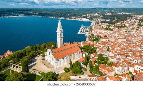 Rovinj, a picturesque coastal town on the Istrian peninsula of Croatia, is a dreamy destination for summer vacations, and when captured by drone, its beauty truly shines - Powered by Shutterstock