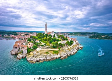 Rovinj waterfront. Town of Rovinj historic peninsula aerial view, famous tourist destination in Istria region of Croatia