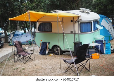 Rovinj,Croatia- July 10,2017: vintage caravan parked in a croatian camping