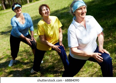 Row of aged women doing physical exercise in the forest - Powered by Shutterstock