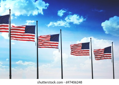 Row of American Flags Blowing in the Wind, Horizontal, Lifestyle