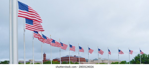 Row Of American Flags Poles At Memorial Park, Washington DC, USA