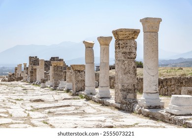 Row of ancient stone columns lining the main street of Laodicea with mountain backdrop and clear sky. Denizli, Turkey (Turliye) - Powered by Shutterstock