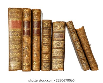 Row of antique books with a leather cover and golden ornaments on isolated on white background - Powered by Shutterstock