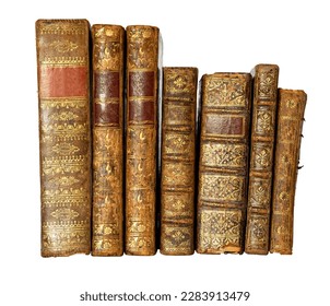 Row of antique books with a leather cover and golden ornaments on isolated on white background - Powered by Shutterstock