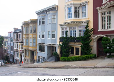 Row Of Apartment Buildings On A Steep Street In San Francisco