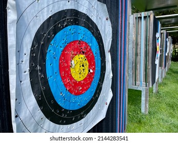 Row of archery targets on field. High quality photo