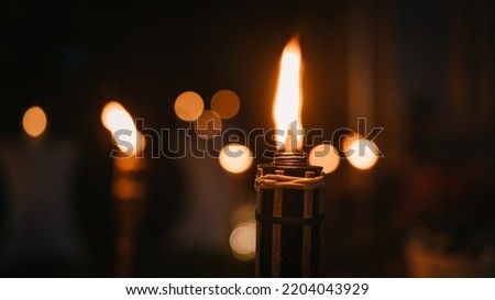 Row of bamboo Torches flaming at night. Bamboo torch closeup.