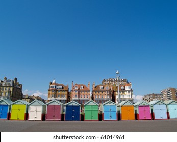 Row of beach huts of Hove, Brighton, UK.